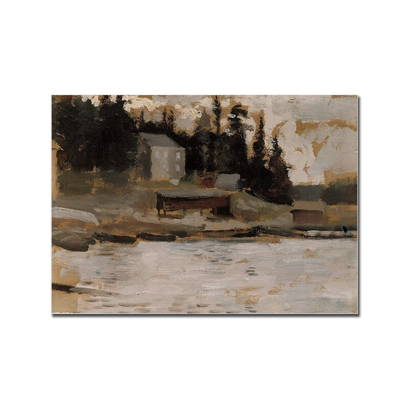 Vintage Poster von justgoodmood, das eine friedliche Küstenlandschaft mit einem kleinen Haus am Wasser zeigt. Ideal für eine entspannende Wohnatmosphäre.