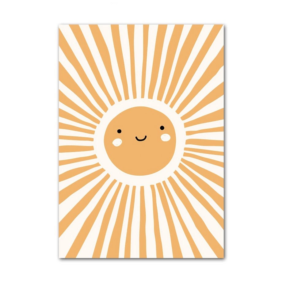 Süßes Sonnen-Poster für das Kinderzimmer mit lächelndem Gesicht und strahlenden Sonnenstrahlen. Ein fröhlicher Druck von justgoodmood, ideal für die Dekoration von Kinderzimmern.