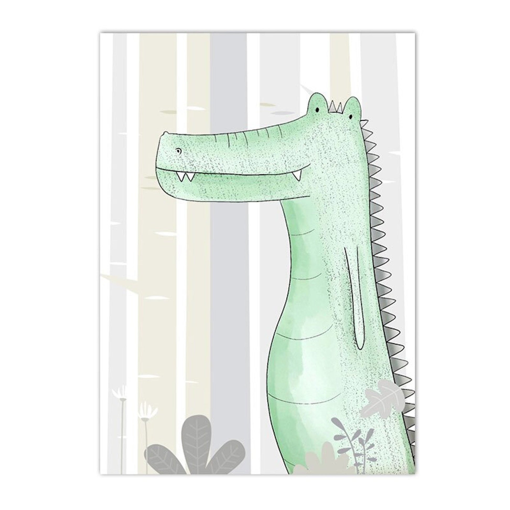Lebhaftes Wandbild eines freundlichen Krokodils, ideal für Kinderzimmerdekoration, von justgoodmood.