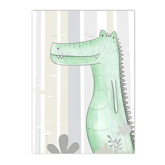 Lebhaftes Wandbild eines freundlichen Krokodils, ideal für Kinderzimmerdekoration, von justgoodmood.