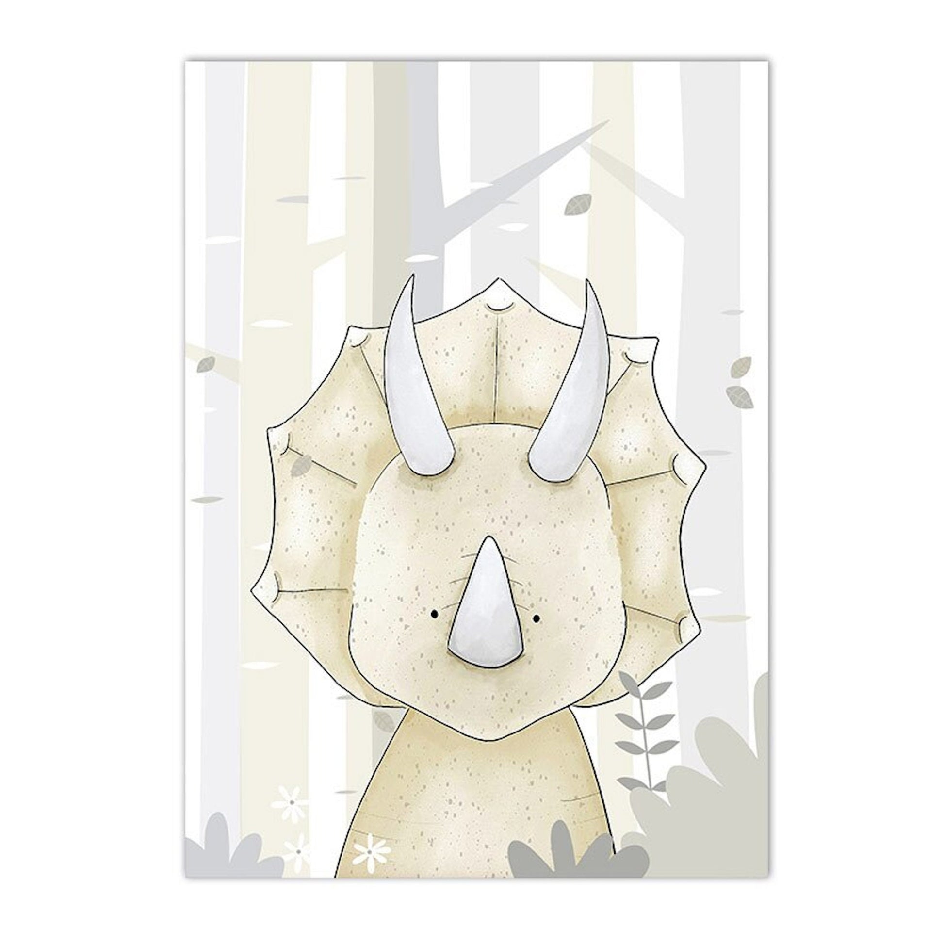 Dinosaurier Poster von justgoodmood mit einem freundlichen Triceratops, ideal für die dekorative Gestaltung im Kinderzimmer.