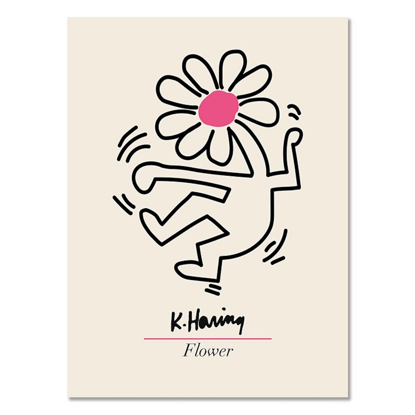 Künstlerisches Poster "K.Haring Flower" von justgoodmood, das lebendige Farben und dynamische Motive kombiniert, perfekt für moderne Innenräume.