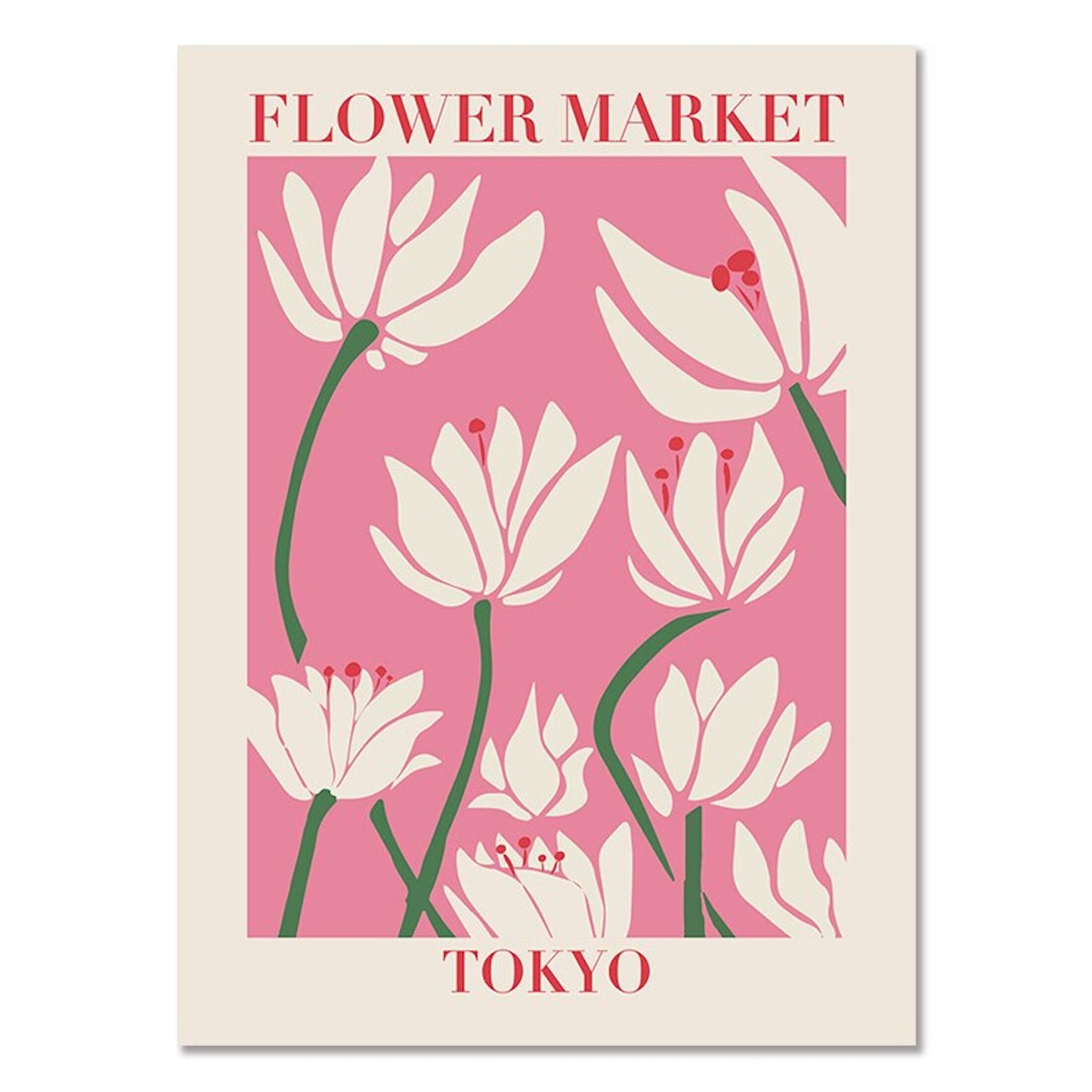 Deko-Print "Blumen Markt Tokio" von justgoodmood zeigt elegante weiße Blumen auf pinkem Hintergrund, ideal für kreative Raumgestaltung.
