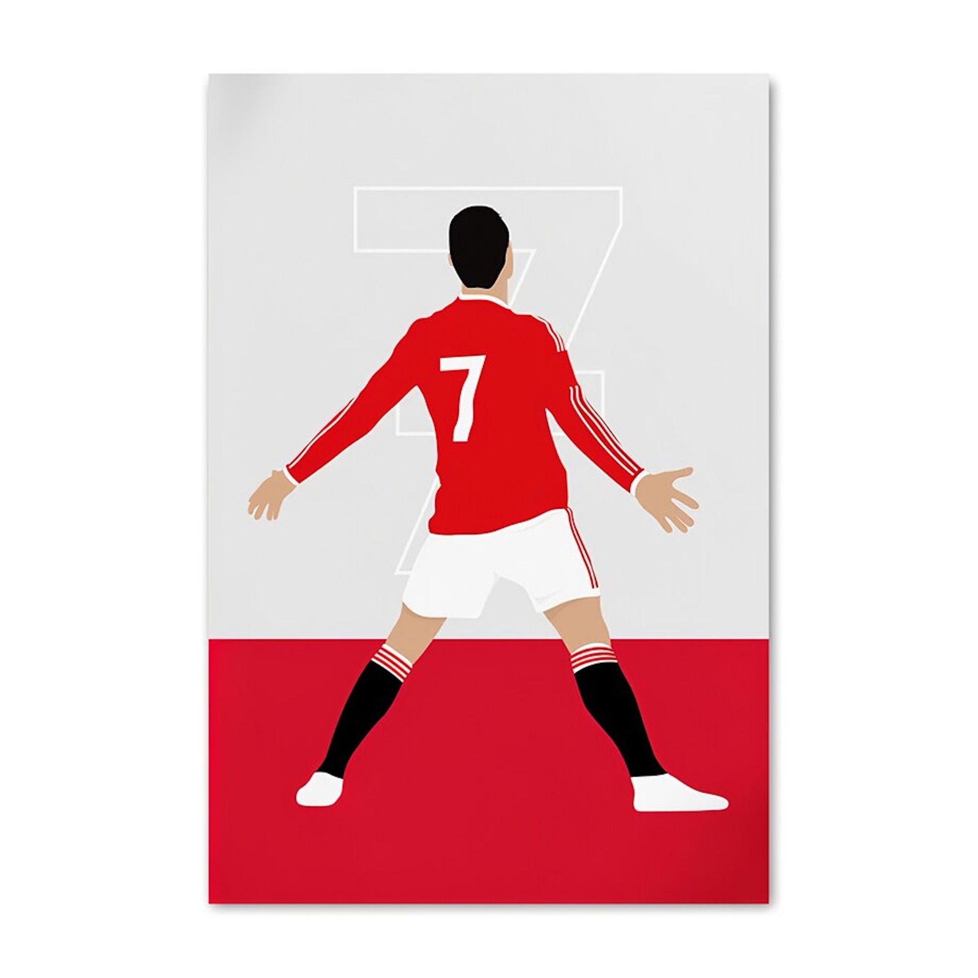 Stilvolles Deko-Poster von justgoodmood mit einem Fußballspieler in rotem Trikot, der die Nummer 7 trägt und begeistert posiert. Ideal für Fußballfans und Fußball-Deko!