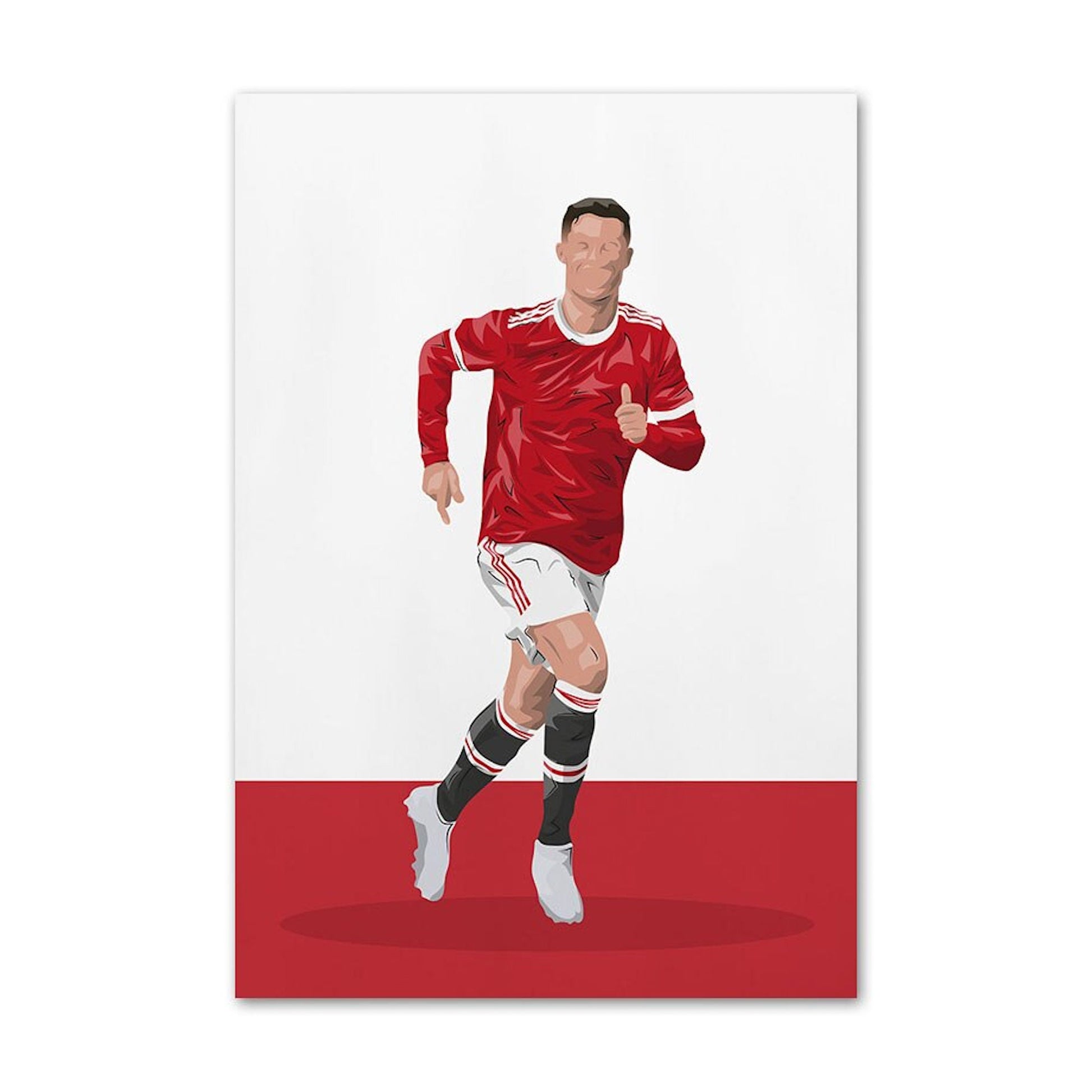 Ein charmantes Deko-Poster von justgoodmood, das einen Fußballspieler in Aktion zeigt, der positiv auf den Zuschauern zugerichtet ist. Ideal für Sport- und Kunstliebhaber!