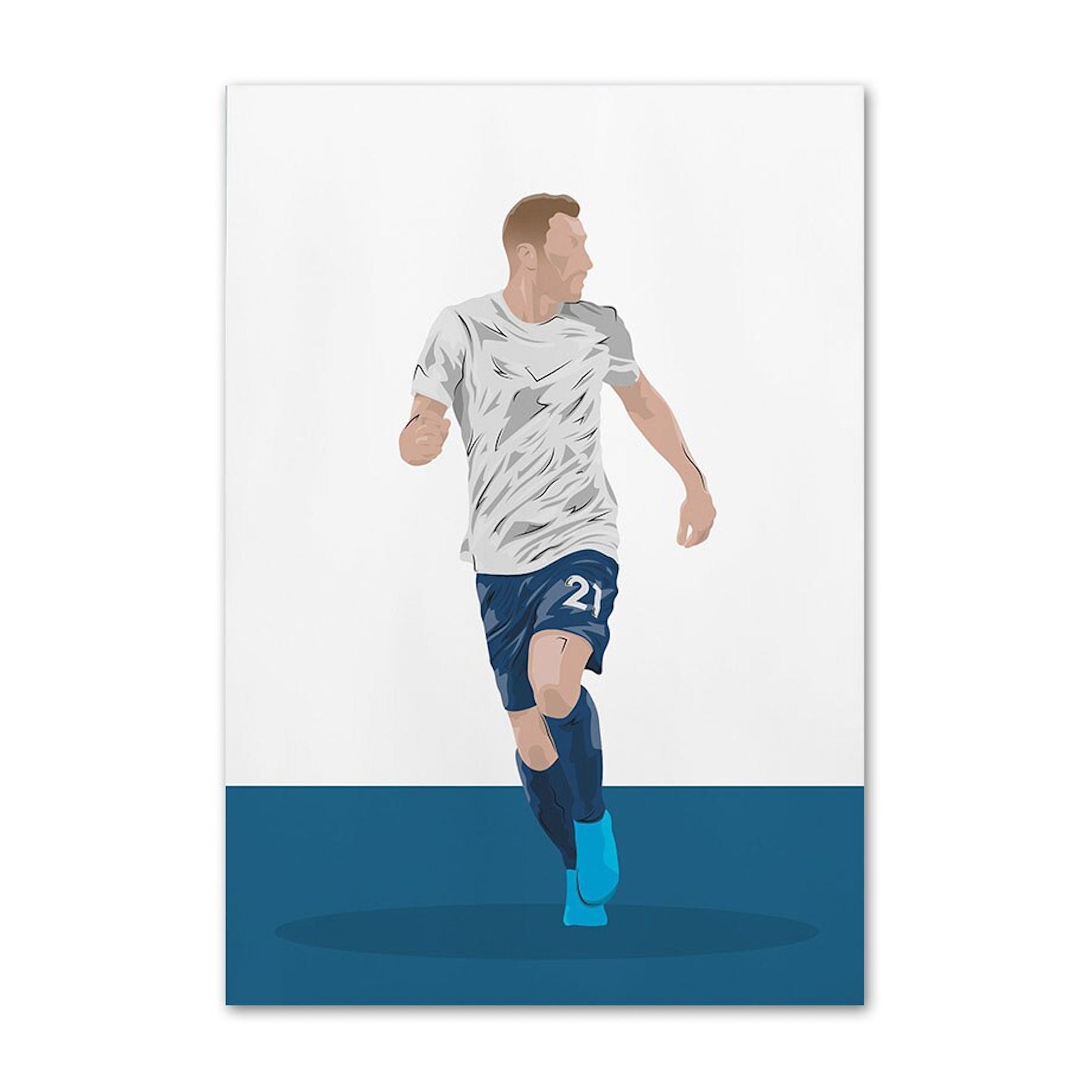 Stilvolles Sport-Poster von justgoodmood mit einem Fußballspieler in einem weißen Shirt und blauen Hosen, der energisch läuft. Ein tolles Geschenk für jeden Fußballfan!