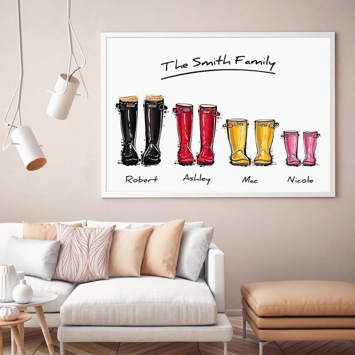 Hübsches, personalisiertes Poster von justgoodmood mit Gummistiefeln und Pfoten, ideal als Dekoration für Ihr Zuhause. Zeigt die Familie Smith mit individuell gestaltbaren Namen unter den bunten Gummistiefeln.