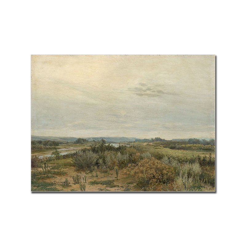 Vintage Poster von justgoodmood mit einer ruhigen Flusslandschaft, die den Frühling und die Natur atmet, perfekt für eine entspannte Atmosphäre.