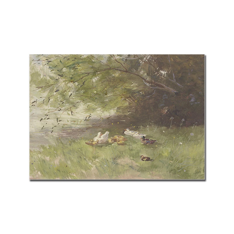 Vintage Poster von justgoodmood zeigt eine friedliche Szene mit Enten im Gras, ein bezauberndes Bild für Naturliebhaber und fröhliche Deko.