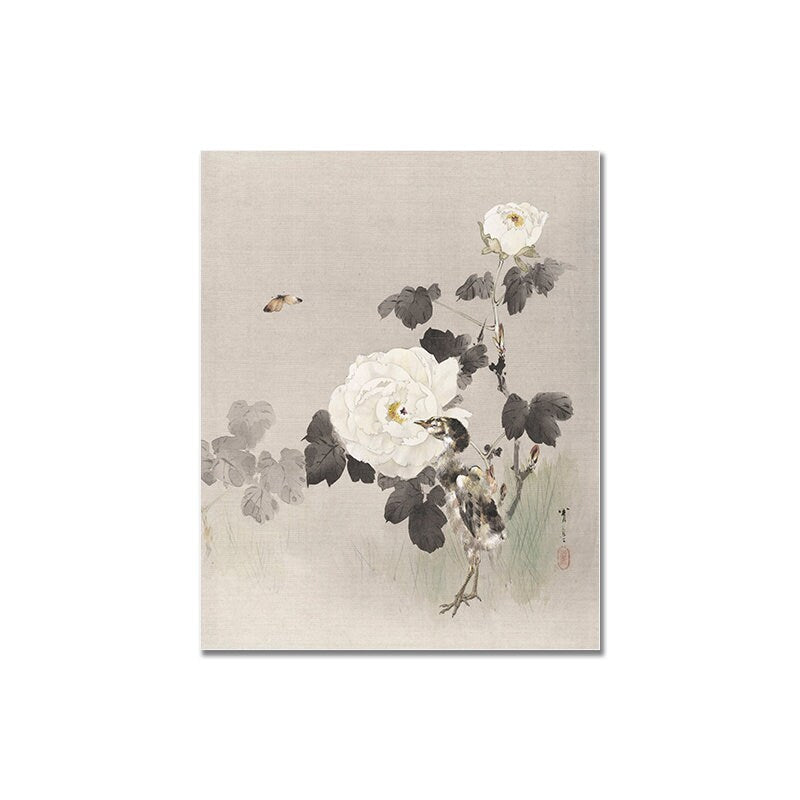 Vintage Blumen und Sightseeing mit dem Boot Poster von justgoodmood, präsentiert eine elegante künstlerische Darstellung von Vögeln und weißen Blumen.