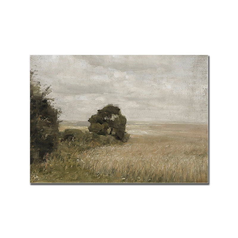 Ein elegantes Vintage Poster von justgoodmood, das eine ruhige Landschaft mit sanften Wellen und einem bewaldeten Horizont darstellt. Perfekt für eine harmonische Wandgestaltung.