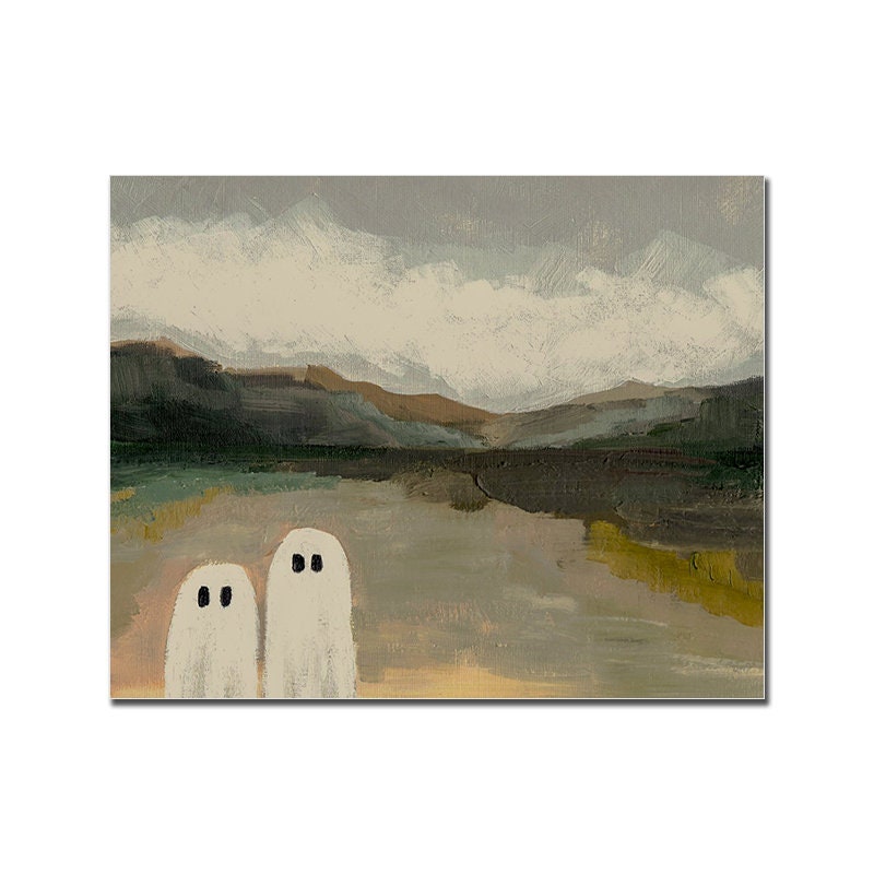 Fantasievolles Vintage Geister Landschaft und Ski Lift Poster von justgoodmood, mit zwei lieblichen Geistern vor einer beeindruckenden Berglandschaft.