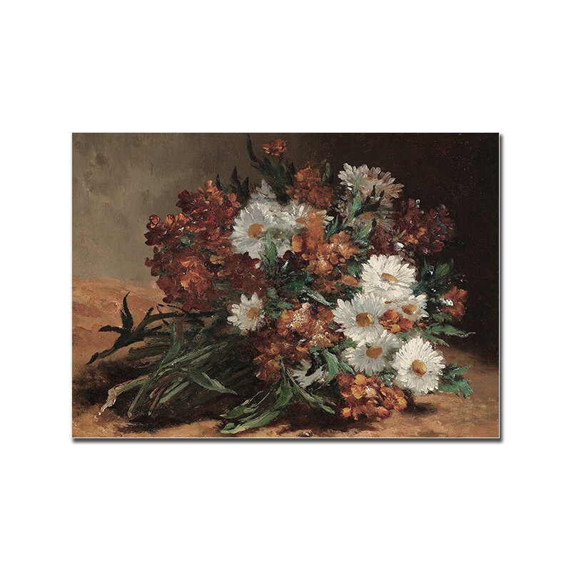 Hübsches Vintage Küchenposter von justgoodmood, das einen bunten Blumenstrauß mit weißen und roten Blumen zeigt, ideal für die kreative Raumgestaltung in Ihrem Zuhause.