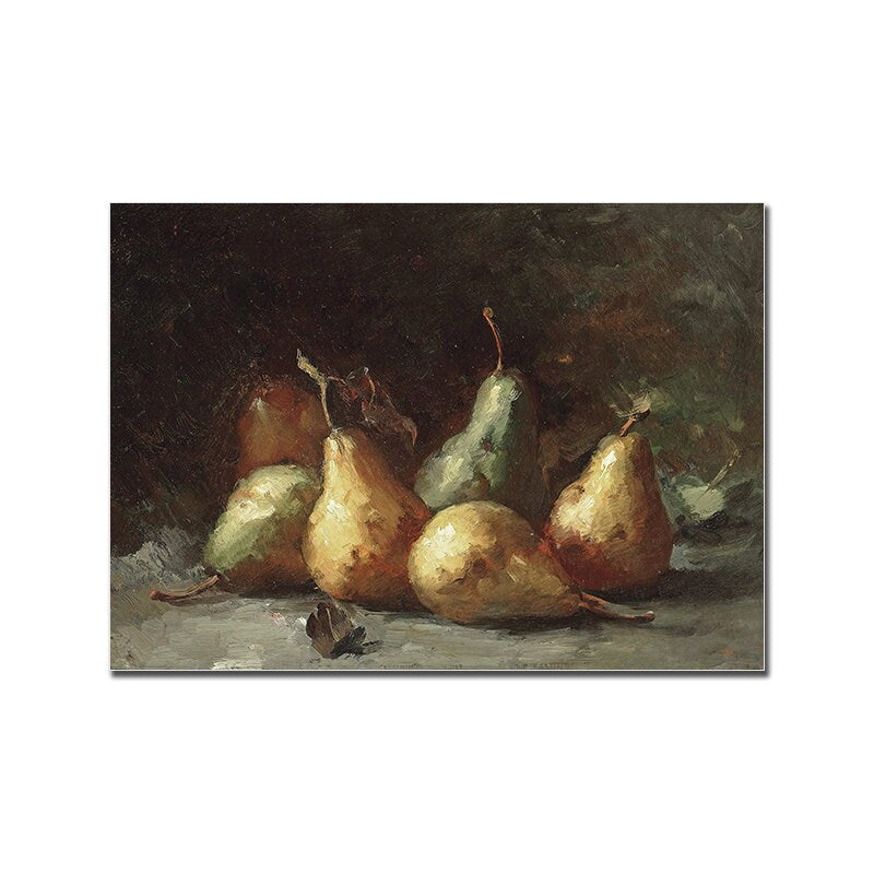 Einladendes Vintage Küchenposter von justgoodmood, das einen ansprechenden Stillleben mit köstlichen, reifen Birnen zeigt und perfekt zur Verschönerung Ihrer Küchenwände passt.