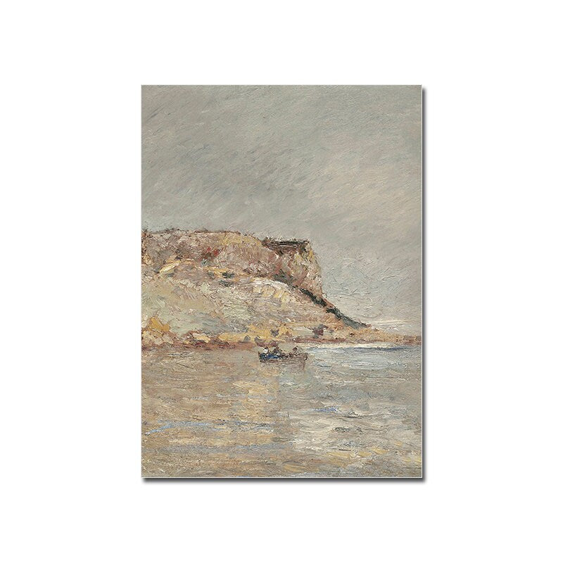 Ein malerisches Bild eines Küstenabschnitts mit sanften Farben und einer kleinen Fischerboot, perfekt für eine nostalgische Einrichtung. Poster Vintage Elegante Dame Meeres Küste und Windmühle als Deko Print von justgoodmood.