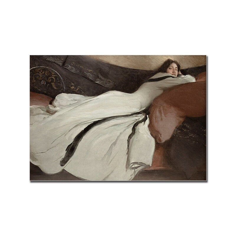 Vintage Poster "Elegante Dame an der Meeresküste mit Windmühle" von JustGoodMood, zeigt eine stilvolle Frau in einem fließenden Kleid, die auf einem Sofa entspannt.