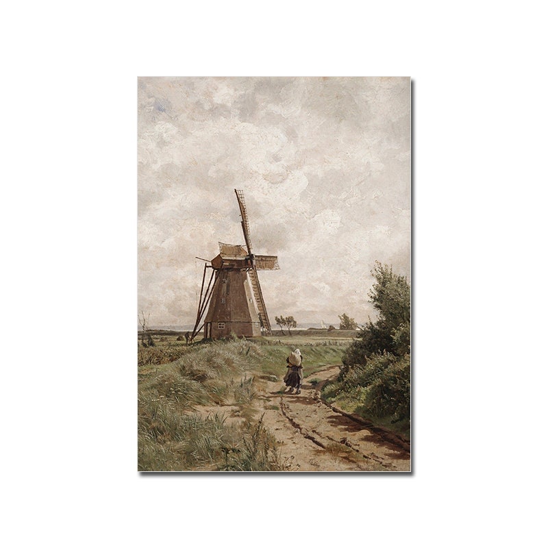 Ein romantisches Gemälde einer alten Windmühle in einer ländlichen Szene, das Fernweh und Nostalgie weckt. Poster Vintage Elegante Dame Meeres Küste und Windmühle als Deko Print von justgoodmood.