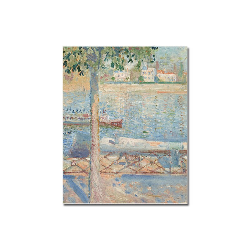 Zauberhaftes Vintage Poster mit einem malerischen Blick auf den Fluss, umgeben von Bäumen und Booten – eine perfekte Ergänzung für jeden Raum von justgoodmood.