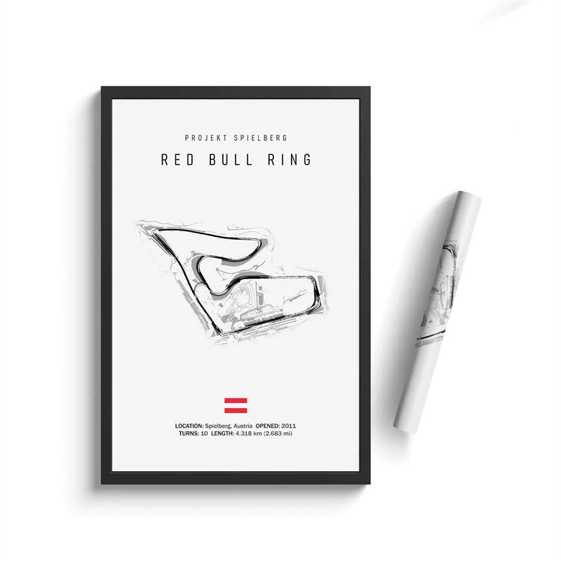 Ein modernes Poster vom Red Bull Ring in Österreich, entworfen von justgoodmood, gehört zum Formel 1 Kalender 2025, perfekt für das dekorative Büro.