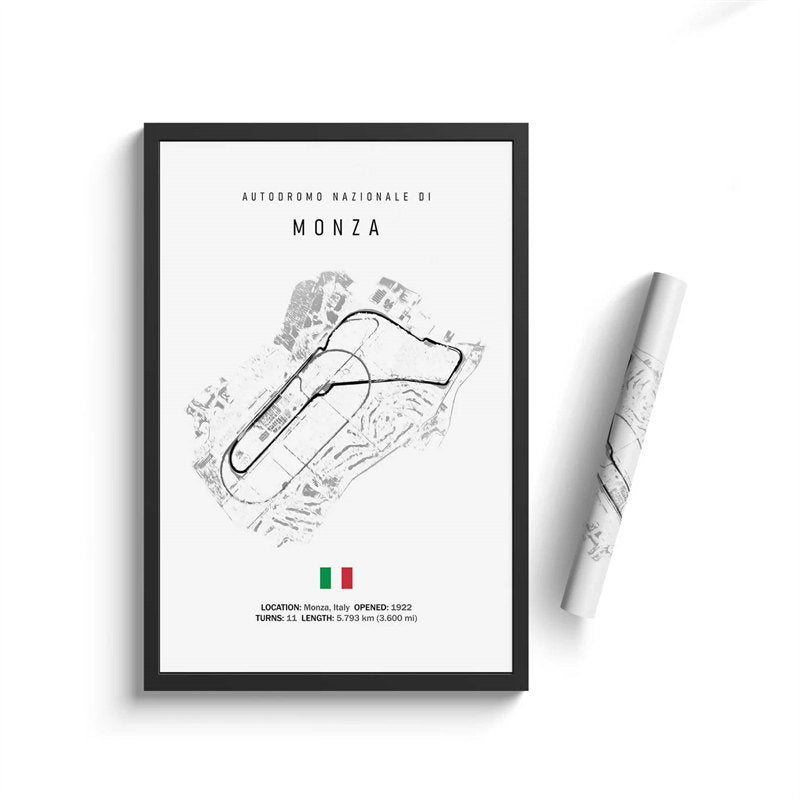 Deko-Print des Formel 1 Kalenders 2025 von justgoodmood, illustriert die Rennstrecke Monza mit präzisen Angaben zur Strecke.