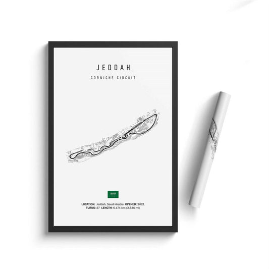 Poster Formel 1 Kalender 2024 mit der Strecke von Jeddah von justgoodmood, ein perfektes Deko-Element für jedes Zuhause und ideal für Rennsport-Liebhaber.
