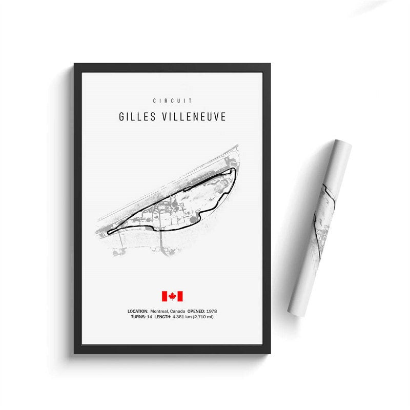 Poster Formel 1 Kalender 2024 mit der Strecke des Circuit Gilles Villeneuve von justgoodmood, eine großartige Wandkunst für Motorsport-Enthusiasten.