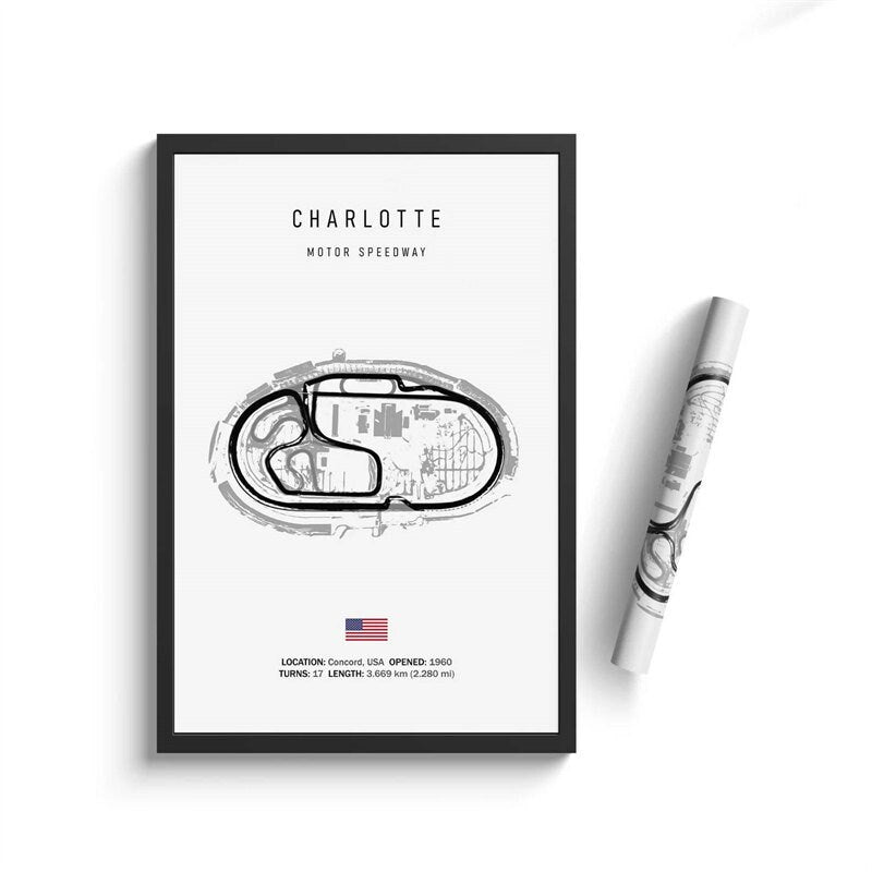 Poster Formel 1 Kalender 2024 von justgoodmood, zeigt eine stilisierte, monochrome Grafik des Charlotte Motor Speedway mit wichtigen Informationen über die Strecke, ideal für Motorsport-Fans und als Deko Print.