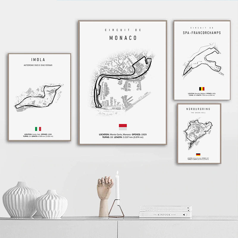 Motorradrennstrecken Poster von justgoodmood – Dekorativer Formel 1 Kalender 2024 mit ikonischen Strecken wie Imola, Monaco, Spa-Francorchamps und Nürburgring.