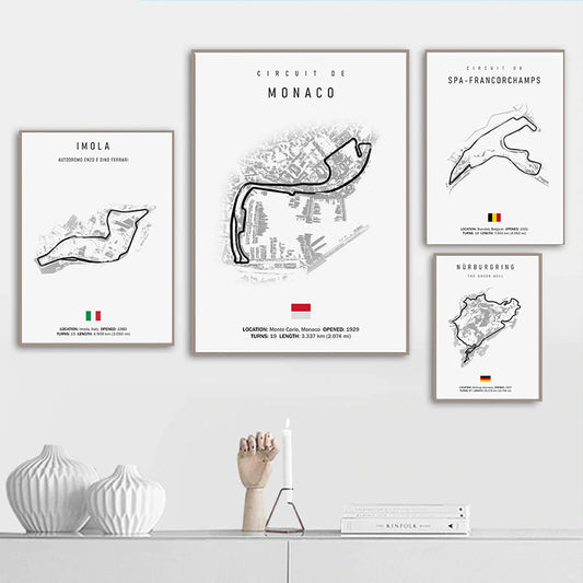 Motorradrennstrecken Poster von justgoodmood – Dekorativer Formel 1 Kalender 2024 mit ikonischen Strecken wie Imola, Monaco, Spa-Francorchamps und Nürburgring.