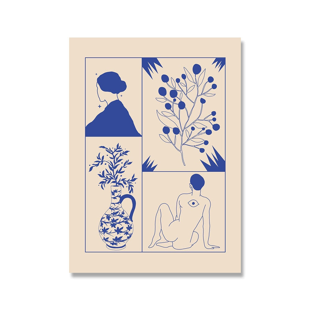 Kunstvolles Poster "Vintage Amour Wahrsagerin" von justgoodmood, mit einer harmonischen Anordnung von floralen und figurativen Elementen in Blau.