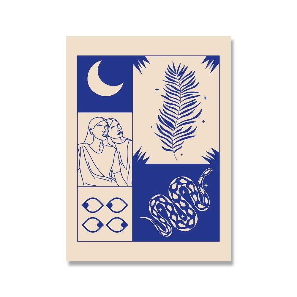 Retro Poster "Vintage Amour Wahrsagerin" von justgoodmood, präsentiert ein kreatives Design mit Pflanzen, Mond und zwei stilisierten Figuren.