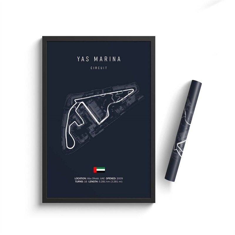 Hochwertiger Deko Print von justgoodmood - Yas Marina Circuit Poster für den Formel 1 Kalender 2024. Beeindruckendes Design mit Streckeninformationen.