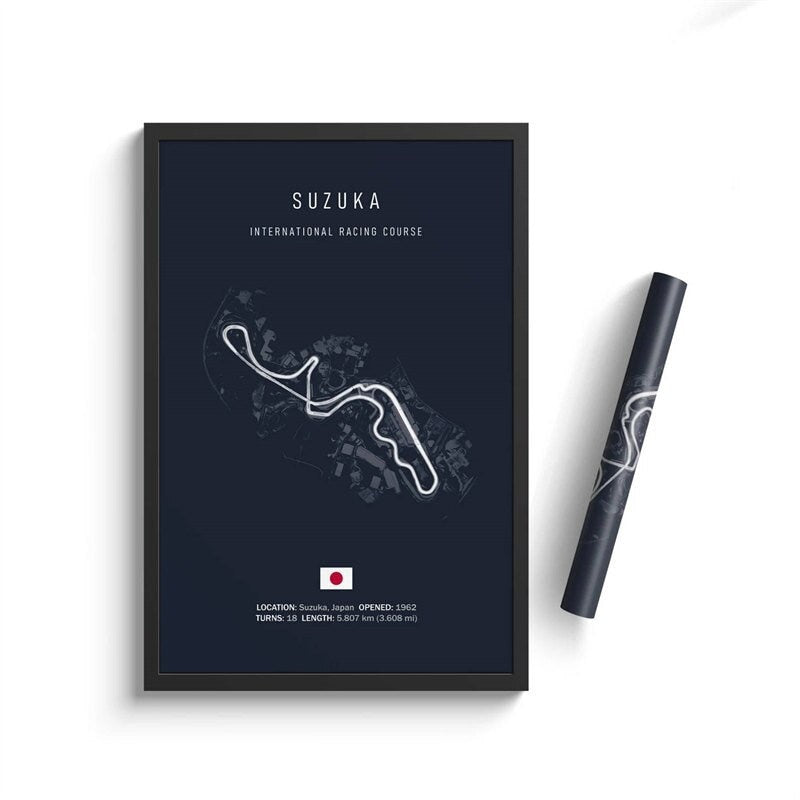 Stilvolles Poster von justgoodmood - Suzuka International Racing Course für den Formel 1 Kalender 2024. Eine ideale Wanddekoration für Motorsport-Fans.