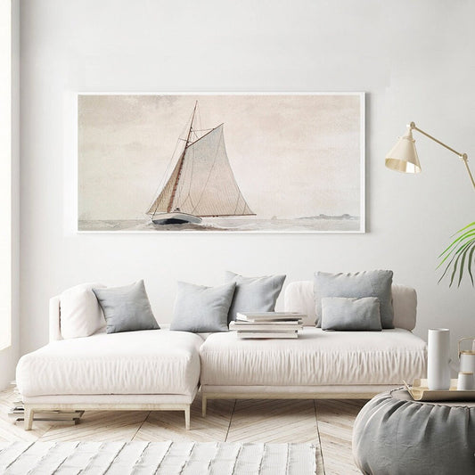 Vintage Poster "Segelschiff und Horizont" für maritimen Charme in Wohnzimmerdekoration von justgoodmood. Das Bild zeigt ein abgebildetes Segelschiff auf ruhigem Wasser.