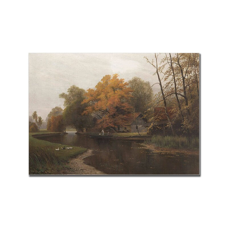 Maleri von justgoodmood, das eine herbstliche Landschaft mit bunten Bäumen und einem ruhigen Fluss zeigt. Eine großartige Wanddekoration für Naturliebhaber.