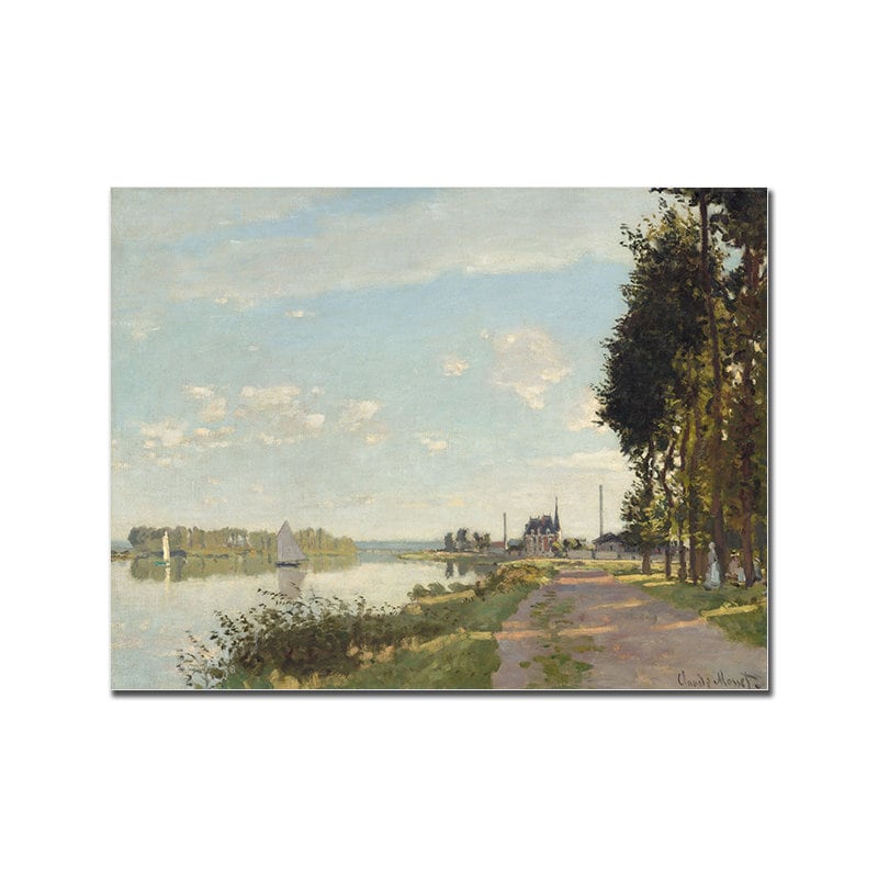 Zauberhafte Landschaft von justgoodmood: Ein ruhiger Weg am Fluss mit einem Segelboot und schönen Bäumen, ideal für natürliche Raumdekoration. Poster Vintage Galerie Wand Kunst Set.