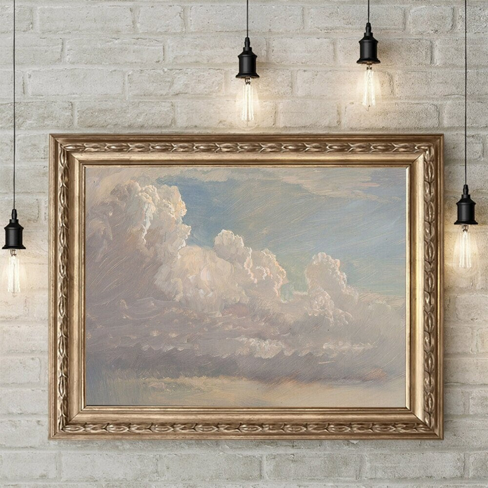 Himmelsbild mit Wolken in goldenem Rahmen, präsentiert von justgoodmood, perfekt für eine elegante Wanddekoration.