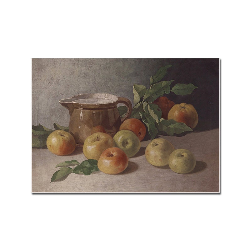 Vintage Poster von justgoodmood zeigt eine Stillleben-Darstellung mit Äpfeln und einer Kanne, ideal für fröhliche Frühlingsdekoration.
