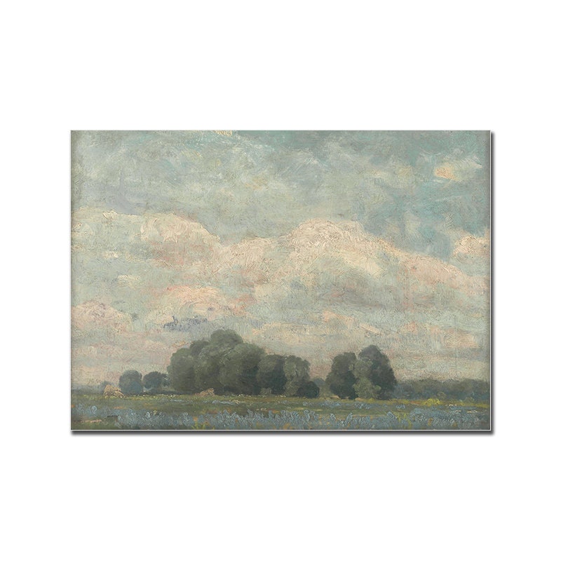 Vintage Poster von justgoodmood mit einer malerischen Landschaft und sanften Wolken, perfekt für einen hellen und einladenden Raum.