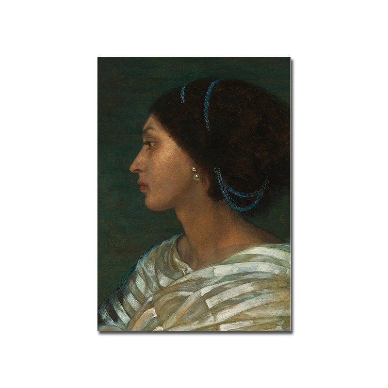 Vintage Poster Frühling Landschaft mit Blick in den Garten, Äpfel und Schmetterlinge, von justgoodmood. Kunstvolles Profil einer Frau, das die Eleganz und den Charme der Saison widerspiegelt.