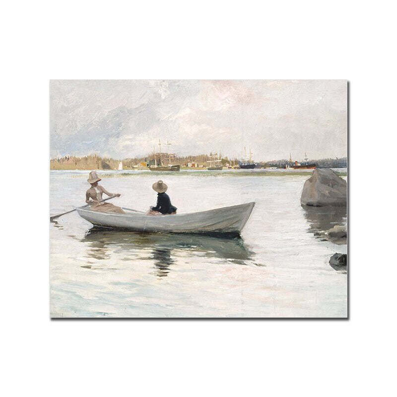 Vintage Blumen und Sightseeing mit dem Boot Poster von justgoodmood, zeigt eine friedliche Bootsfahrt auf einem ruhigen Gewässer mit zwei Personen.