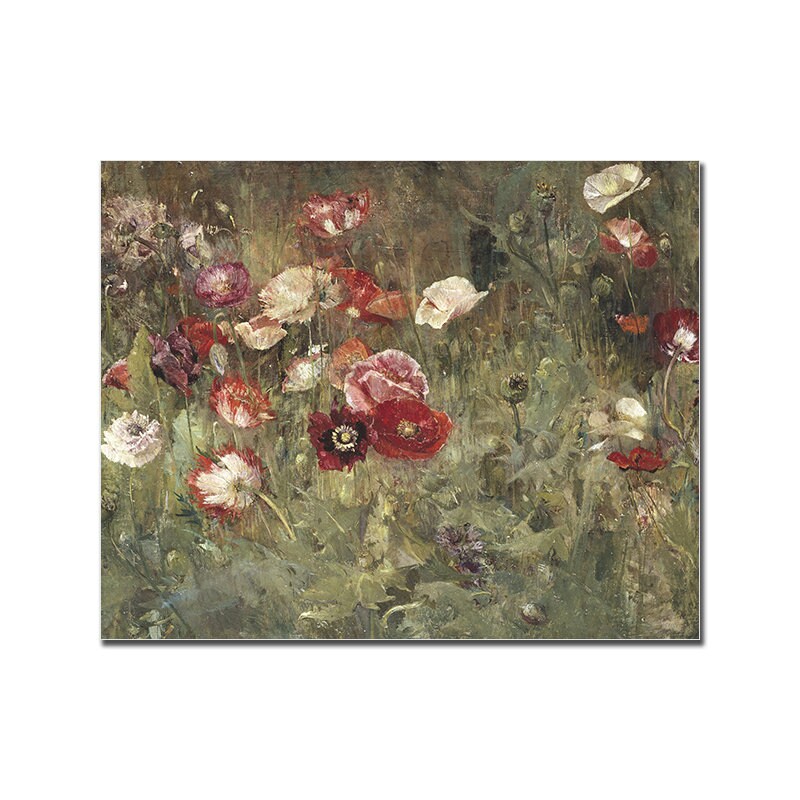 Vintage Blumen und Sightseeing mit dem Boot Poster von justgoodmood, veranschaulicht eine lebendige Wiese mit prächtigen Poppies in voller Blüte.