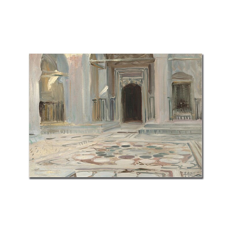 Schöne Aquarell-Darstellung marokkanischer Architektur mit einem Eingang in sanften Farbtönen, ideal als Dekorationsdruck für Ihr Zuhause von justgoodmood, Poster Aquarell Marokkanische Architektur Meeresküste.