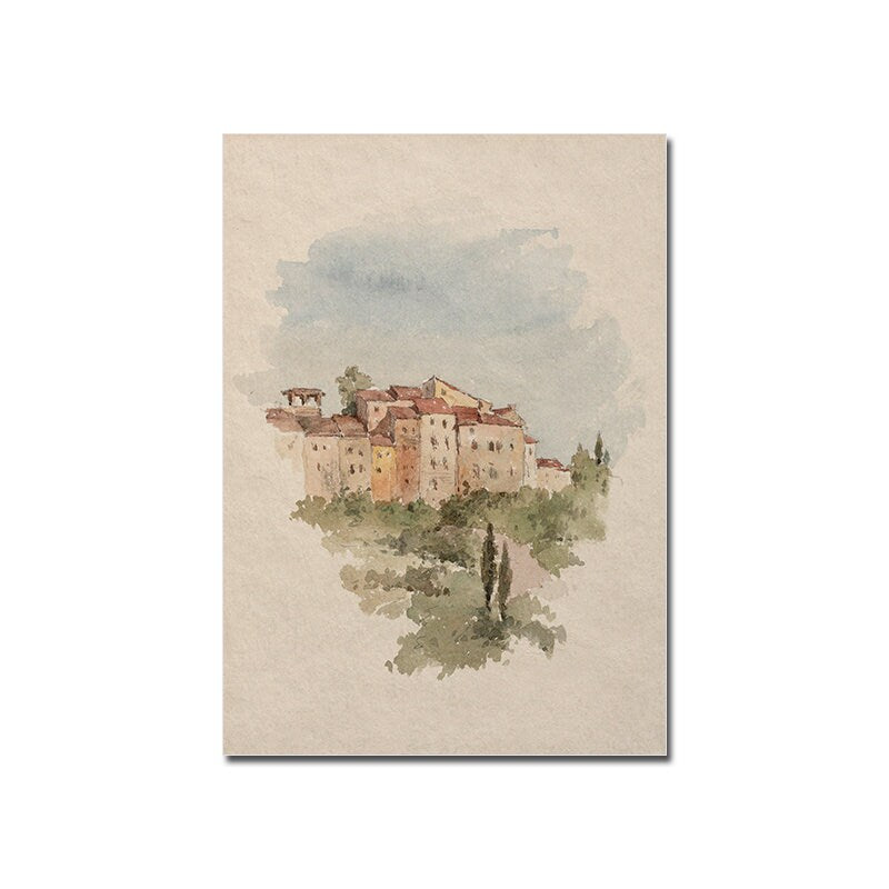 Charmantes Aquarellbild eines mediterranen Dorfes unter einem blauen Himmel, eine entzückende Ergänzung für Ihre Wände von justgoodmood, Poster Aquarell Marokkanische Architektur Meeresküste.