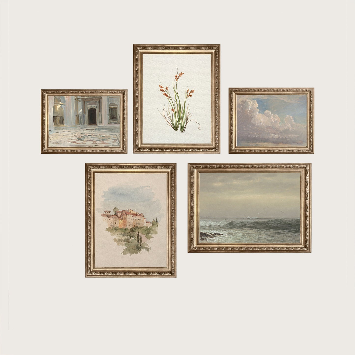 Framed wall art collection featuring a vibrant watercolor of marokkanischer Architektur und Meeresküste, designed by justgoodmood. Perfekte Deko für ein stilvolles Zuhause mit marokkanischem Flair.