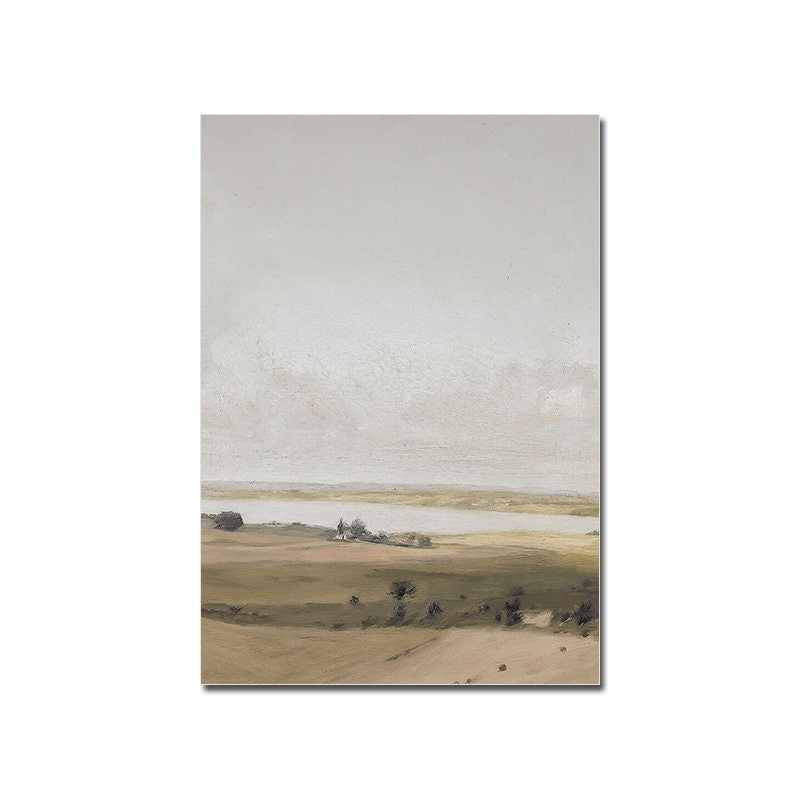 Ein wunderschönes Vintage Poster von justgoodmood, das eine malerische Landschaft mit sanften Hügeln und einem ruhigen Fluss zeigt. Perfekte Deko für eine frühlingshafte Atmosphäre.