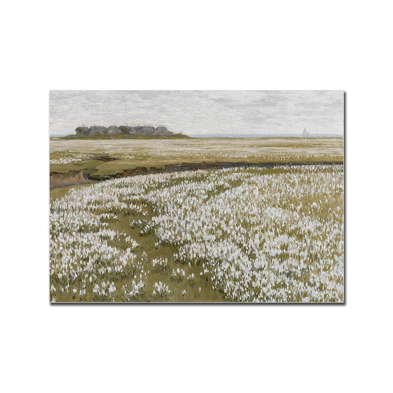 Ein bezauberndes Vintage Poster von justgoodmood mit einem weiten Feld, übersät mit weißen Blumen im Frühling. Ideal, um Licht und Fröhlichkeit in Ihr Zuhause zu bringen.