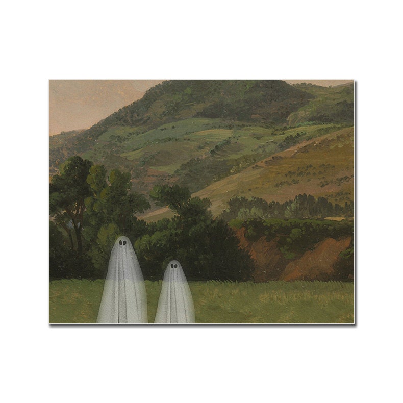 Mystisches Vintage Geister Landschaft und Ski Lift Poster von justgoodmood, zeigt zwei Geister in einer idyllischen, ländlichen Gegend – ein einzigartiger Deko Print.