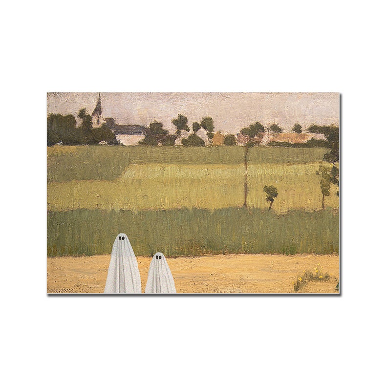 Charmantes Vintage Poster von justgoodmood zeigt Geister vor einer idyllischen Landschaft, perfektes Deko Print ohne Rahmen.