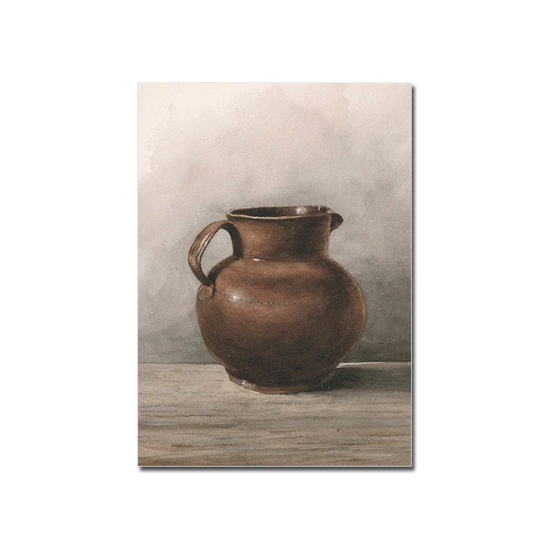 Vintage Küchenposter von justgoodmood mit einer stilvollen Darstellung eines Tontopfs auf einer Holzoberfläche, perfekt als Dekoration für Ihre Küche.